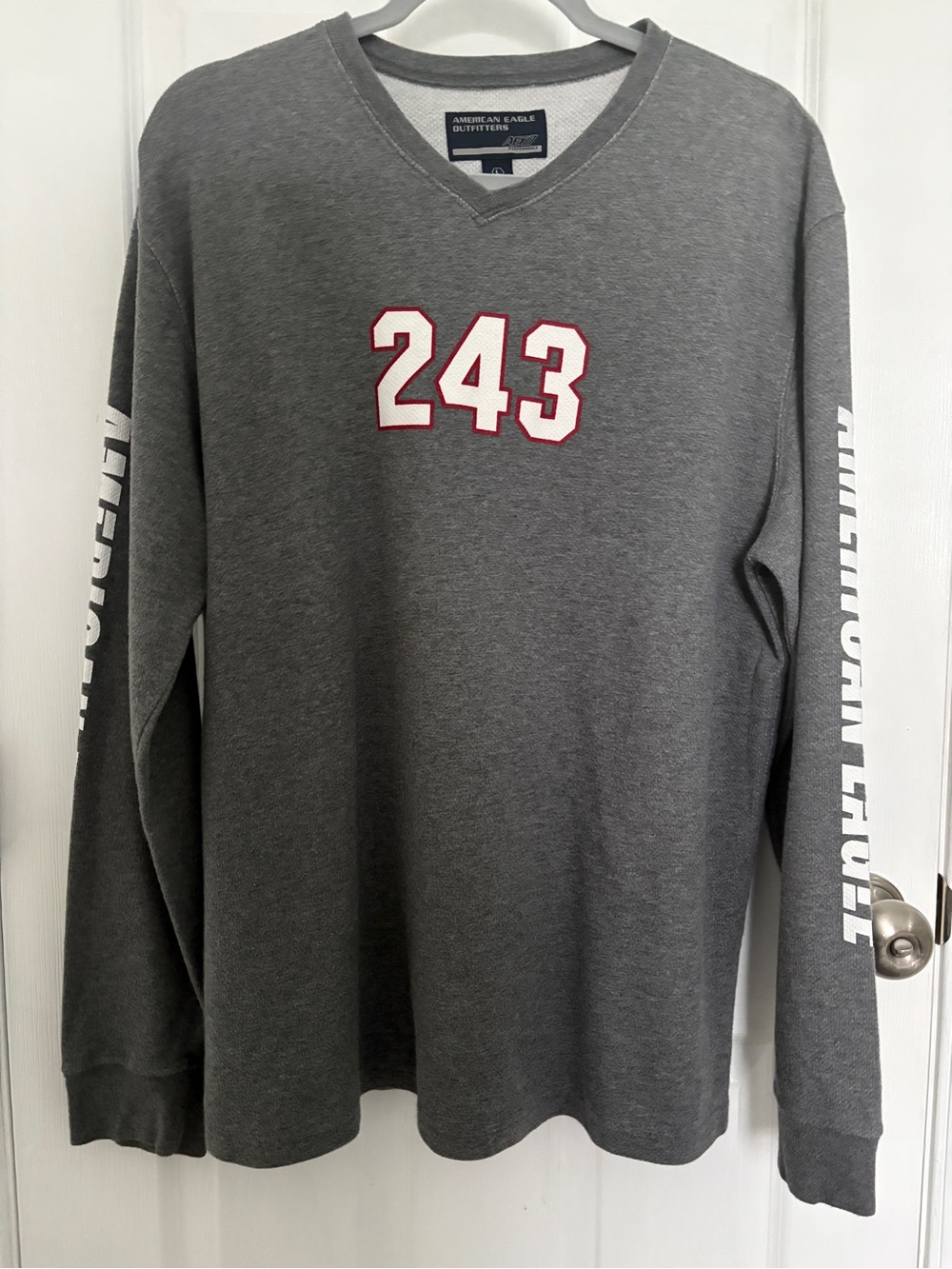 American Eagle Men’s Gray Long-Sleeve V-Neck Shirt with '243' Graphic#0036